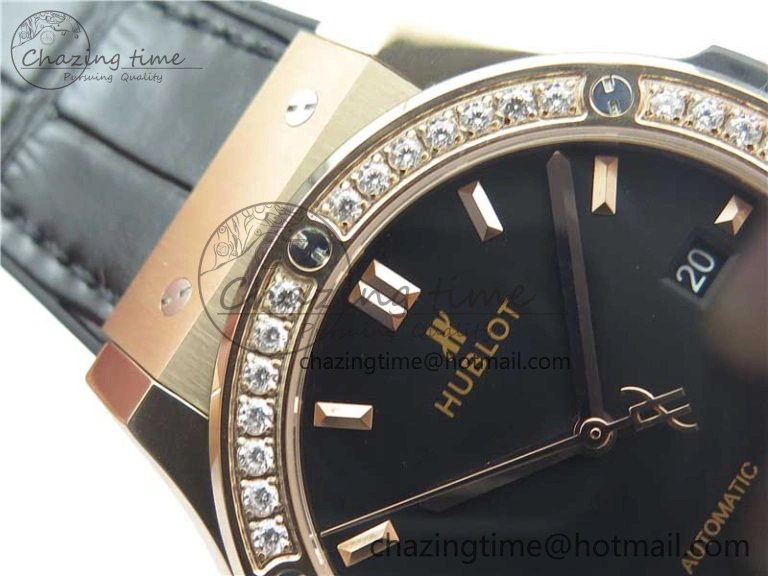 Compact Fusion 42mm RG Paved Diamonds Bezel B50F Black Dial On Gummy Strap A 6782