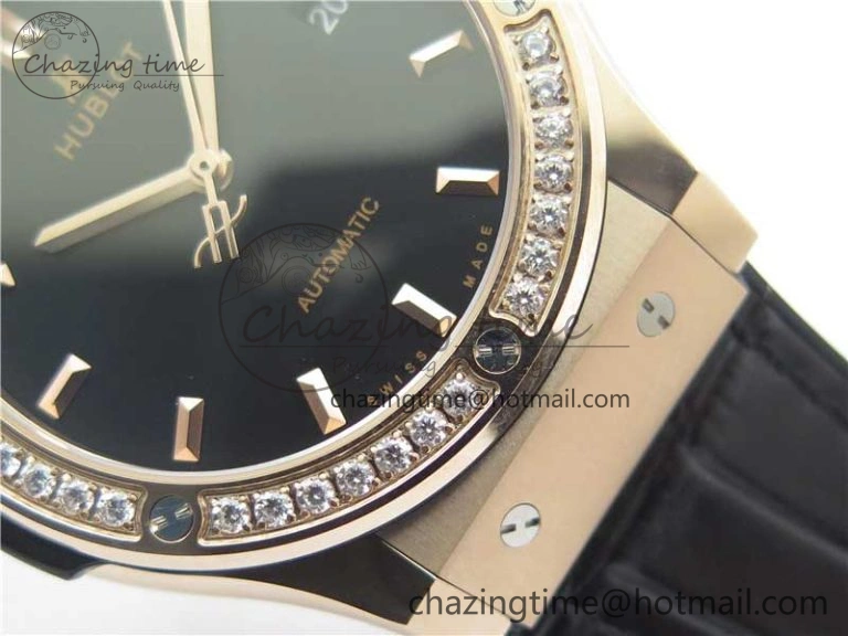 Compact Fusion 42mm RG Paved Diamonds Bezel B50F Black Dial On Gummy Strap A 6782