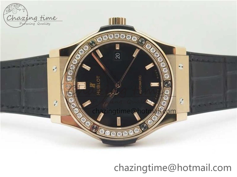 Compact Fusion 42mm RG Paved Diamonds Bezel B50F Black Dial On Gummy Strap A 6782