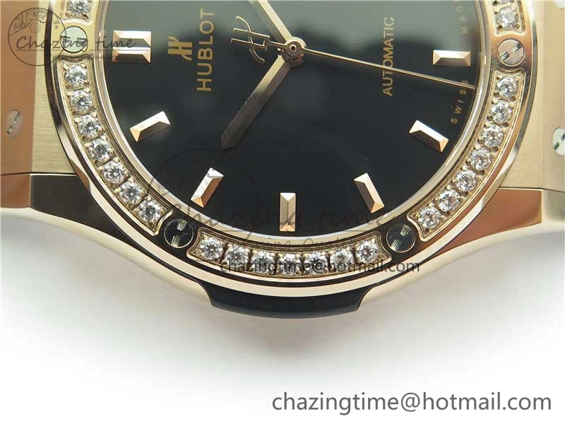Compact Fusion 42mm RG Paved Diamonds Bezel B50F Black Dial On Gummy Strap A 6782