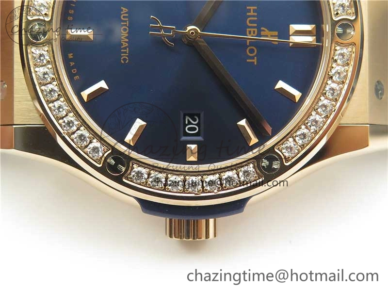 Fusion 42mm RG Paved Diamonds Bezel B50F Blue Dial On Gummy Strap A BestValue 6781