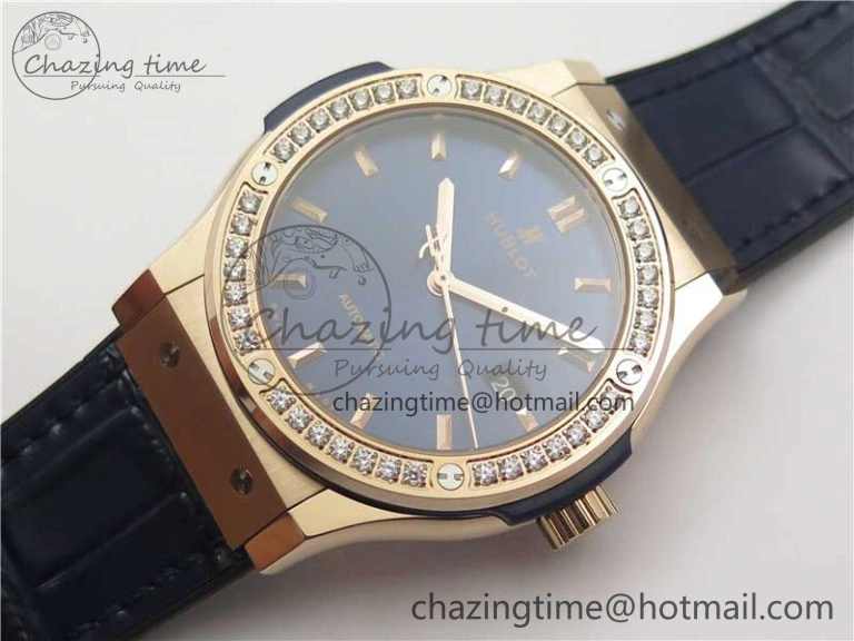 Fusion 42mm RG Paved Diamonds Bezel B50F Blue Dial On Gummy Strap A BestValue 6781