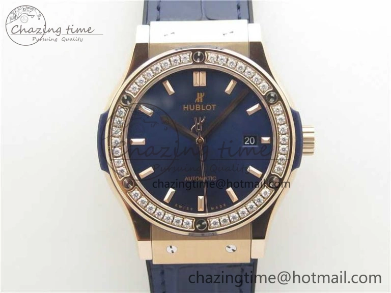 Fusion 42mm RG Paved Diamonds Bezel B50F Blue Dial On Gummy Strap A BestValue 6781