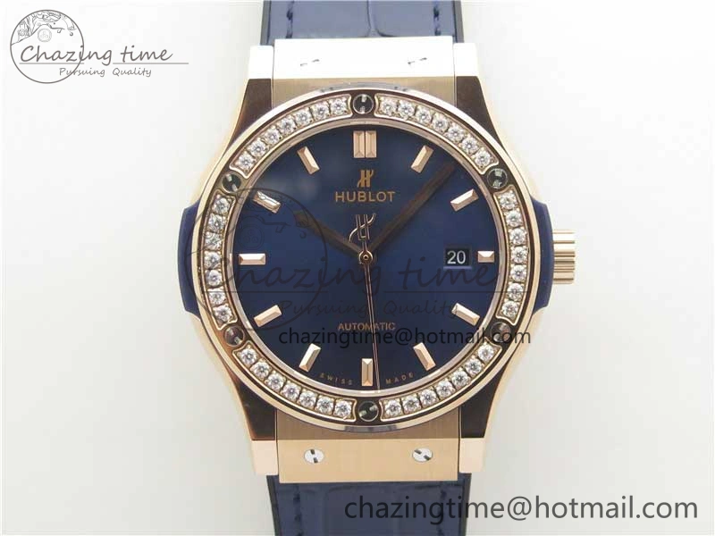 Fusion 42mm RG Paved Diamonds Bezel B50F Blue Dial On Gummy Strap A BestValue 6781