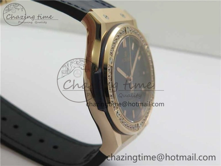 Fusion 42mm RG Paved Diamonds Bezel B50F Blue Dial On Gummy Strap A BestValue 6781