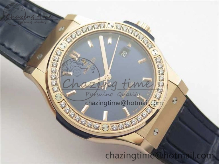 Fusion 42mm RG Paved Diamonds Bezel B50F Blue Dial On Gummy Strap A BestValue 6781