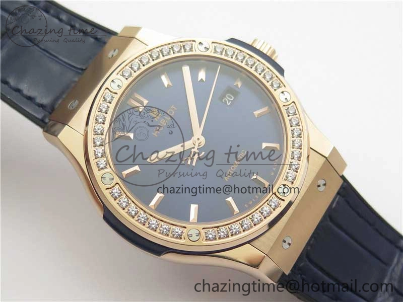 Fusion 42mm RG Paved Diamonds Bezel B50F Blue Dial On Gummy Strap A BestValue 6781