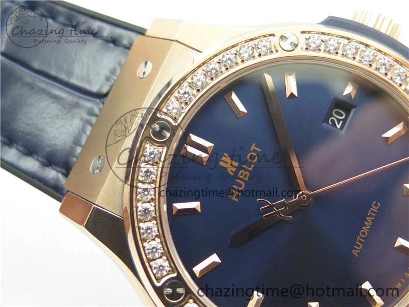 Fusion 42mm RG Paved Diamonds Bezel B50F Blue Dial On Gummy Strap A BestValue 6781