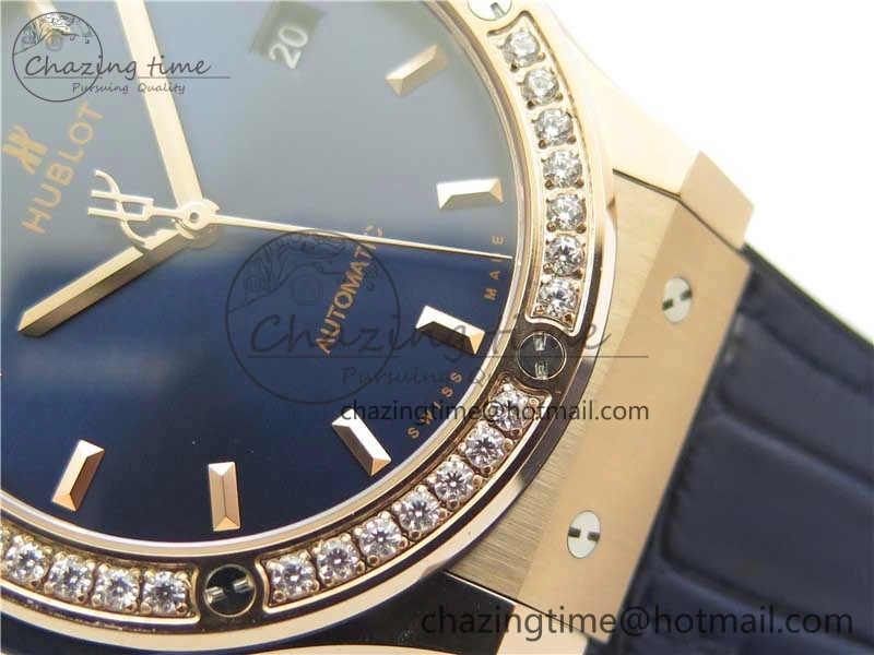 Fusion 42mm RG Paved Diamonds Bezel B50F Blue Dial On Gummy Strap A BestValue 6781