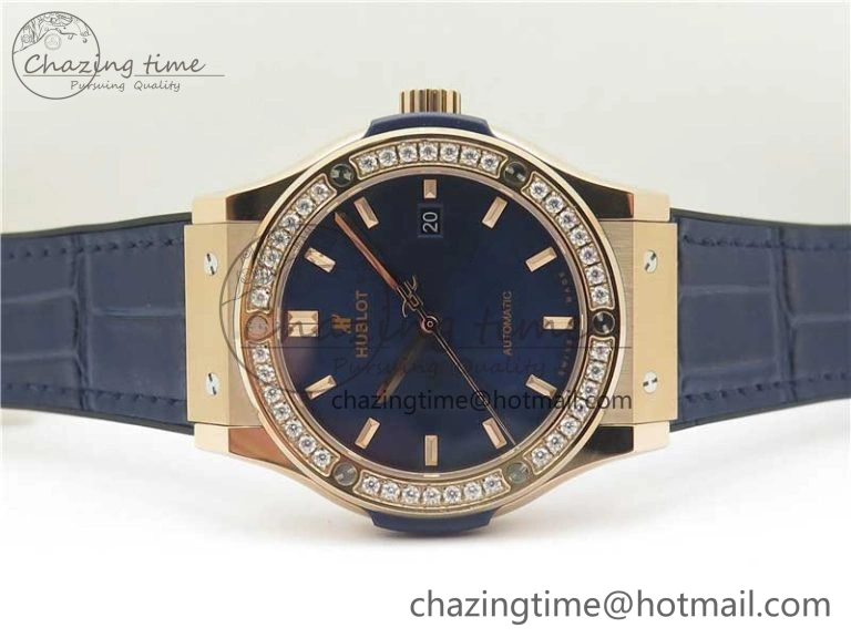 Fusion 42mm RG Paved Diamonds Bezel B50F Blue Dial On Gummy Strap A BestValue 6781