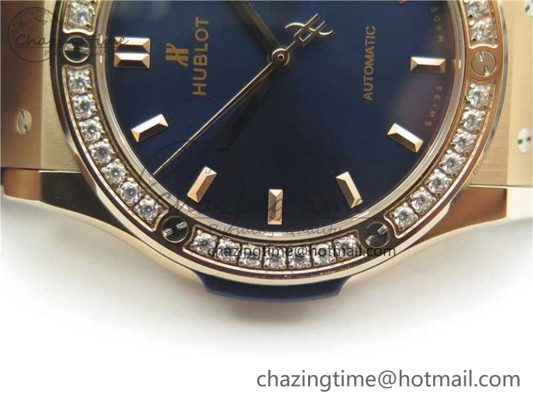Fusion 42mm RG Paved Diamonds Bezel B50F Blue Dial On Gummy Strap A BestValue 6781