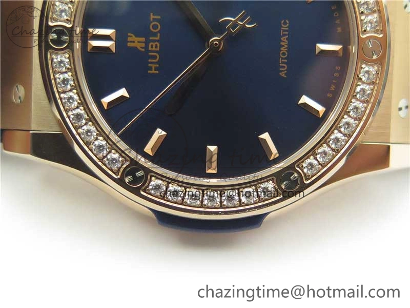 Fusion 42mm RG Paved Diamonds Bezel B50F Blue Dial On Gummy Strap A BestValue 6781