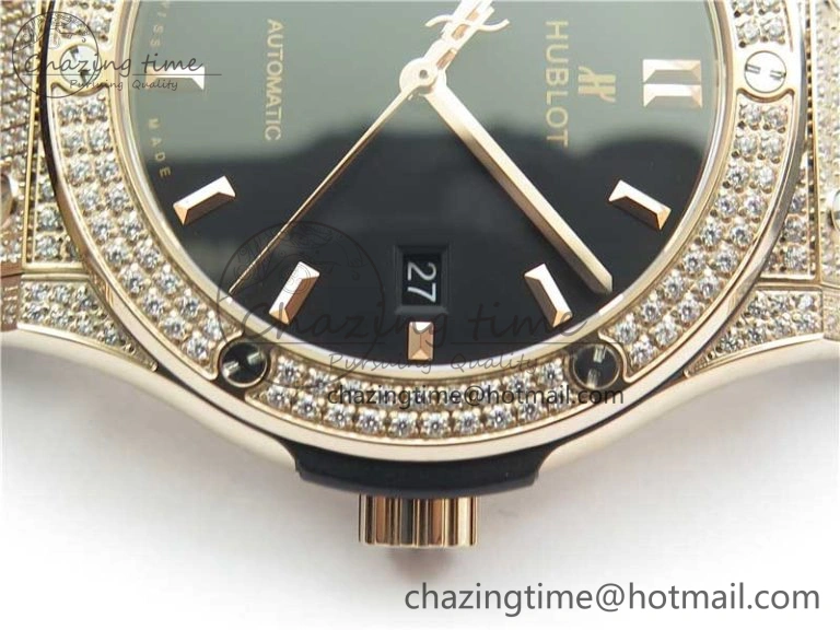 Fusion 42mm RG Paved Diamonds Case Bezel B50F Black Dial On Gummy Strap A Chic 6783