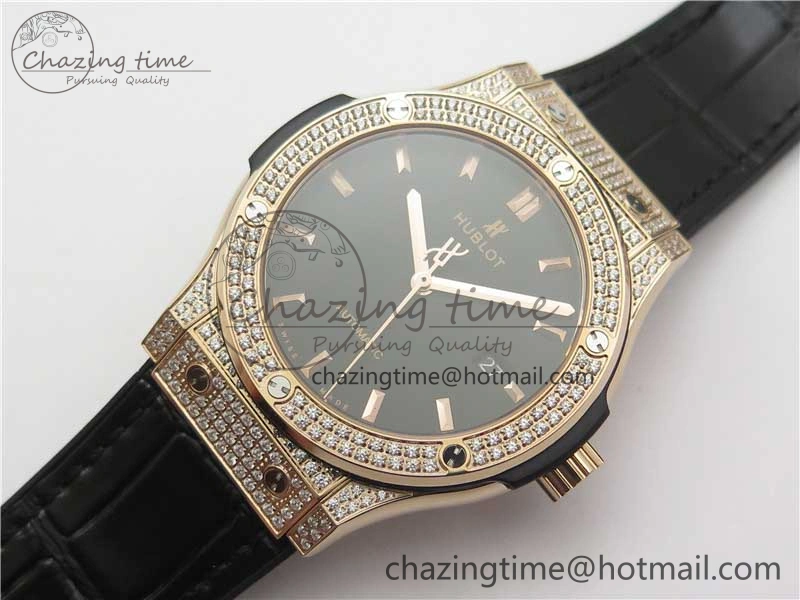 Fusion 42mm RG Paved Diamonds Case Bezel B50F Black Dial On Gummy Strap A Chic 6783