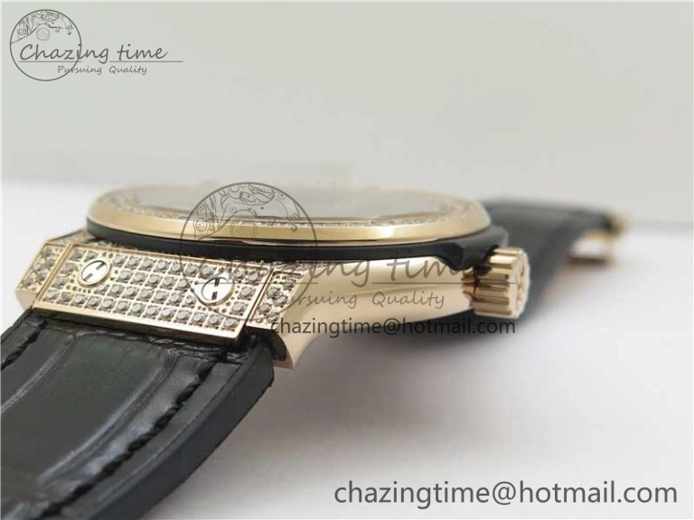 Fusion 42mm RG Paved Diamonds Case Bezel B50F Black Dial On Gummy Strap A Chic 6783