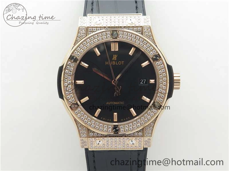 Fusion 42mm RG Paved Diamonds Case Bezel B50F Black Dial On Gummy Strap A Chic 6783