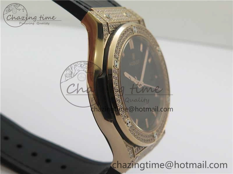 Fusion 42mm RG Paved Diamonds Case Bezel B50F Black Dial On Gummy Strap A Chic 6783