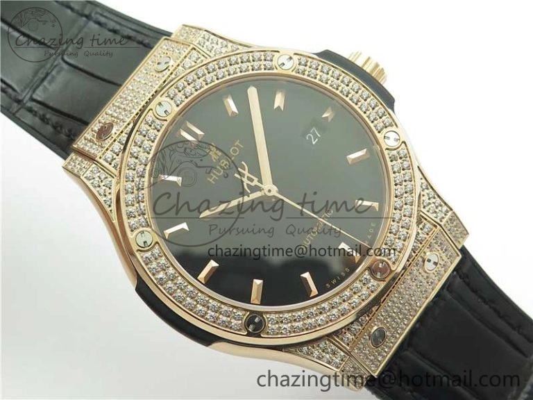 Fusion 42mm RG Paved Diamonds Case Bezel B50F Black Dial On Gummy Strap A Chic 6783