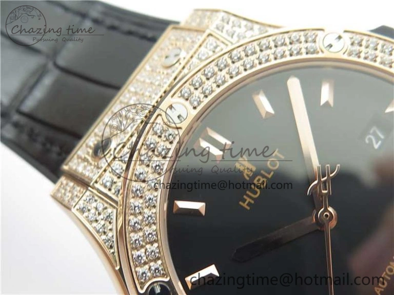 Fusion 42mm RG Paved Diamonds Case Bezel B50F Black Dial On Gummy Strap A Chic 6783