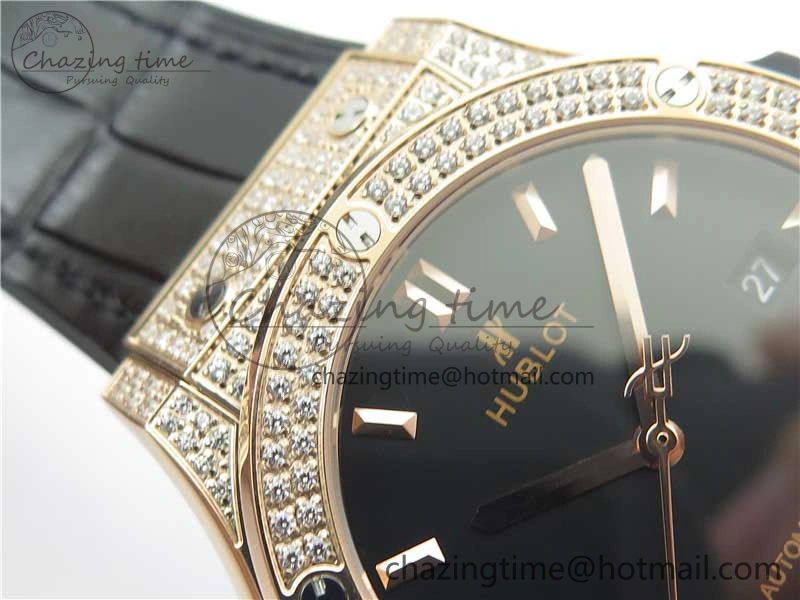 Fusion 42mm RG Paved Diamonds Case Bezel B50F Black Dial On Gummy Strap A Chic 6783
