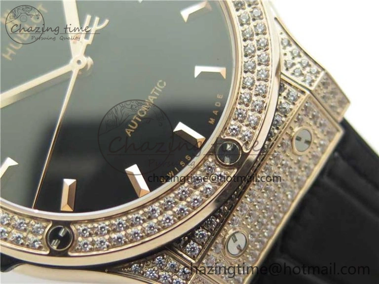 Fusion 42mm RG Paved Diamonds Case Bezel B50F Black Dial On Gummy Strap A Chic 6783