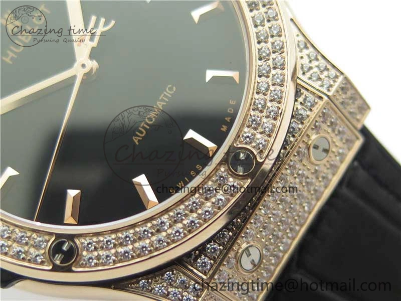 Fusion 42mm RG Paved Diamonds Case Bezel B50F Black Dial On Gummy Strap A Chic 6783