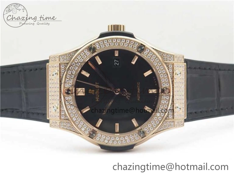 Fusion 42mm RG Paved Diamonds Case Bezel B50F Black Dial On Gummy Strap A Chic 6783