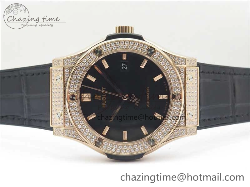 Fusion 42mm RG Paved Diamonds Case Bezel B50F Black Dial On Gummy Strap A Chic 6783