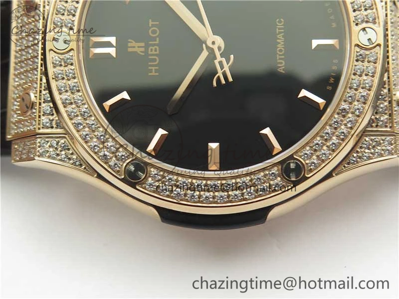 Fusion 42mm RG Paved Diamonds Case Bezel B50F Black Dial On Gummy Strap A Chic 6783