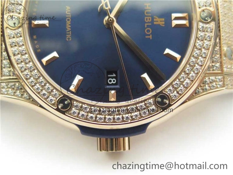 Fusion 42mm RG Paved Diamonds Case Bezel B50F Blue Dial On Gummy Strap A Elegant 6779