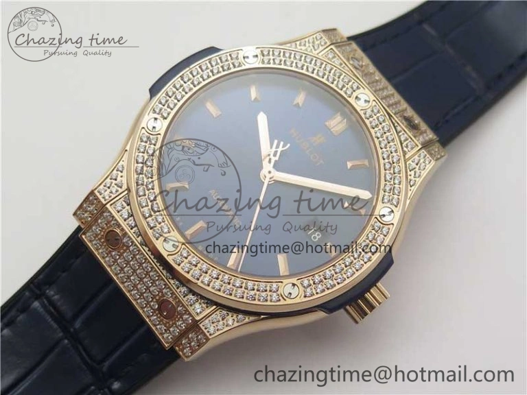 Fusion 42mm RG Paved Diamonds Case Bezel B50F Blue Dial On Gummy Strap A Elegant 6779