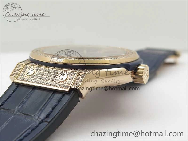Fusion 42mm RG Paved Diamonds Case Bezel B50F Blue Dial On Gummy Strap A Elegant 6779