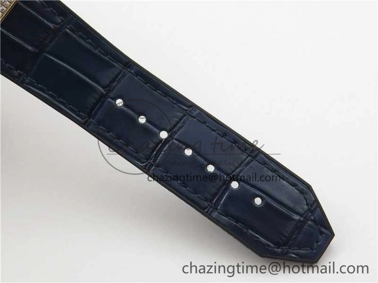 Fusion 42mm RG Paved Diamonds Case Bezel B50F Blue Dial On Gummy Strap A Elegant 6779
