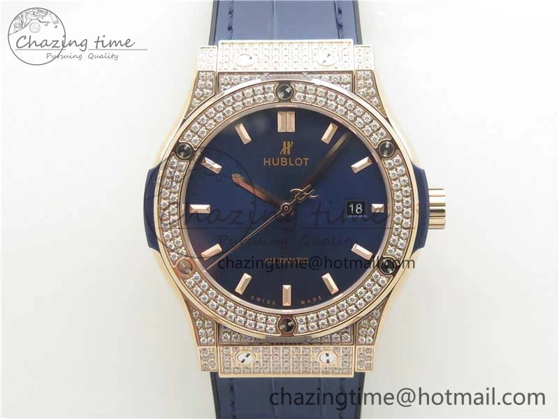 Fusion 42mm RG Paved Diamonds Case Bezel B50F Blue Dial On Gummy Strap A Elegant 6779