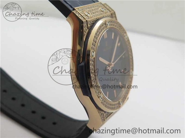 Fusion 42mm RG Paved Diamonds Case Bezel B50F Blue Dial On Gummy Strap A Elegant 6779