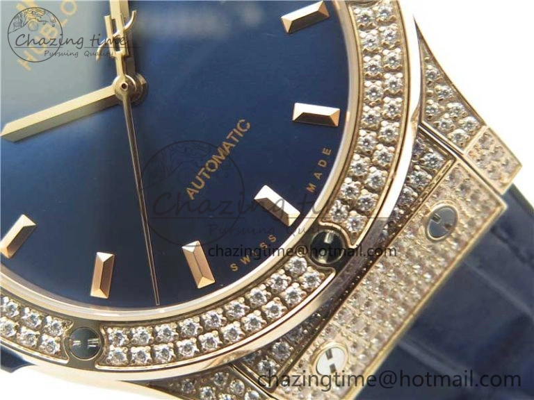 Fusion 42mm RG Paved Diamonds Case Bezel B50F Blue Dial On Gummy Strap A Elegant 6779