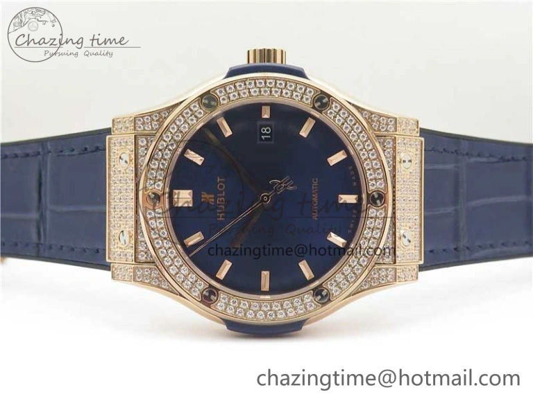 Fusion 42mm RG Paved Diamonds Case Bezel B50F Blue Dial On Gummy Strap A Elegant 6779