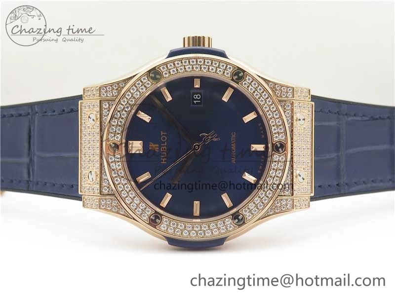 Fusion 42mm RG Paved Diamonds Case Bezel B50F Blue Dial On Gummy Strap A Elegant 6779