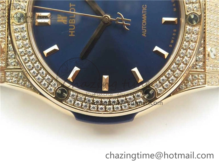 Fusion 42mm RG Paved Diamonds Case Bezel B50F Blue Dial On Gummy Strap A Elegant 6779