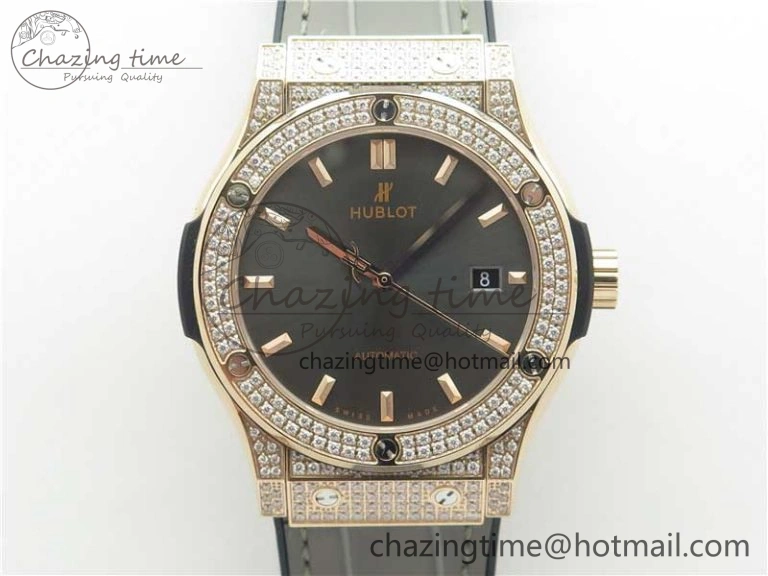 Practical Fusion 42mm RG Paved Diamonds Case Bezel B50F Gray Dial On Gummy Strap A 6777