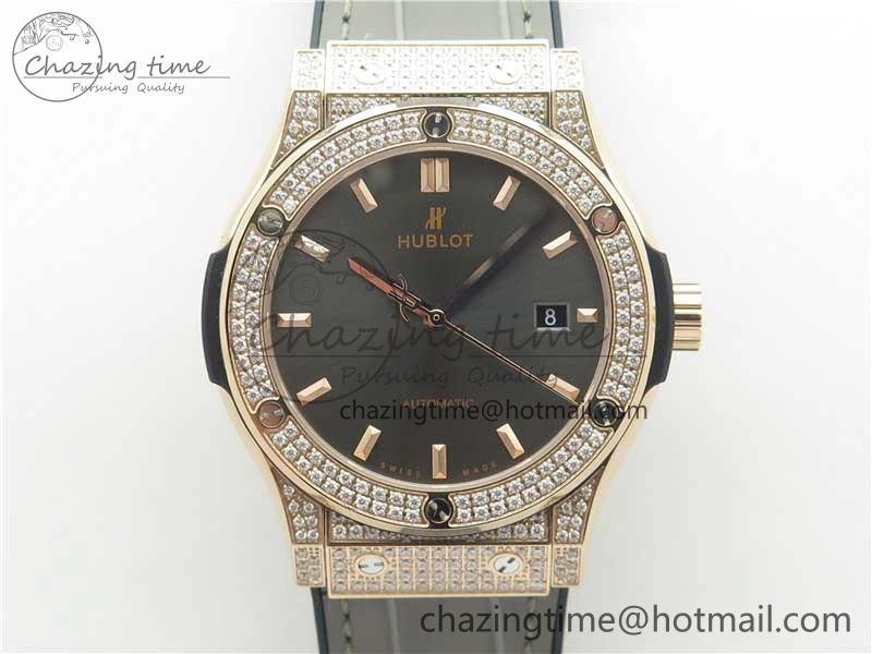 Practical Fusion 42mm RG Paved Diamonds Case Bezel B50F Gray Dial On Gummy Strap A 6777