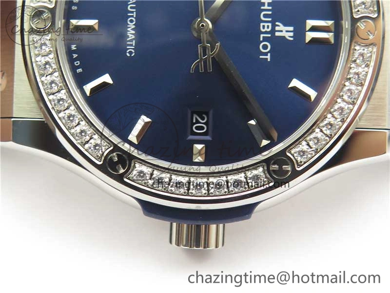 Fusion 42mm SS Paved Diamonds Bezel B50F Blue Dial On Gummy Strap A Durable 6787