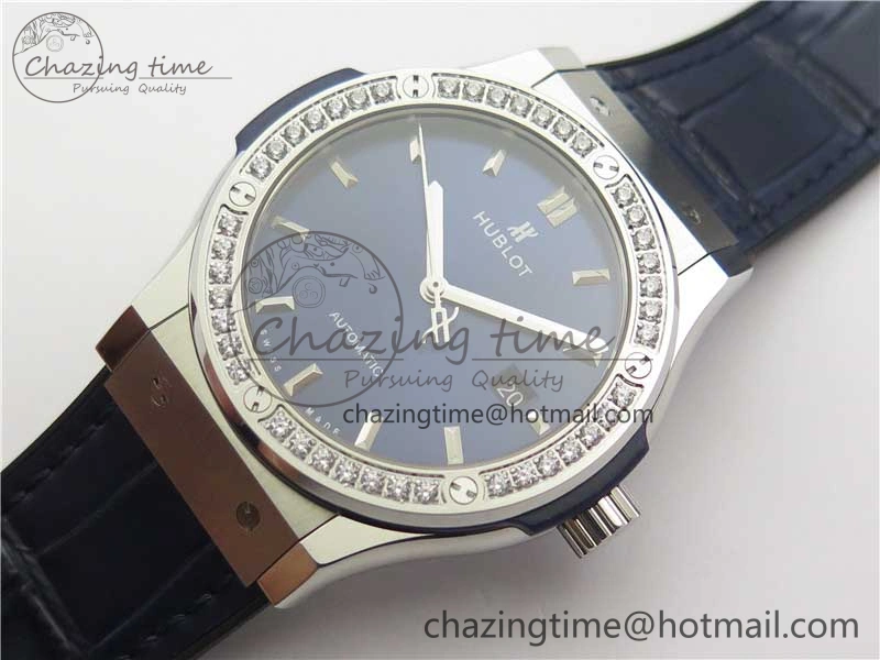 Fusion 42mm SS Paved Diamonds Bezel B50F Blue Dial On Gummy Strap A Durable 6787