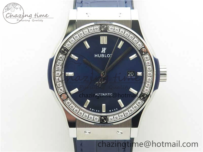Fusion 42mm SS Paved Diamonds Bezel B50F Blue Dial On Gummy Strap A Durable 6787