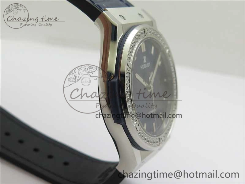 Fusion 42mm SS Paved Diamonds Bezel B50F Blue Dial On Gummy Strap A Durable 6787