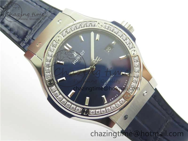 Fusion 42mm SS Paved Diamonds Bezel B50F Blue Dial On Gummy Strap A Durable 6787