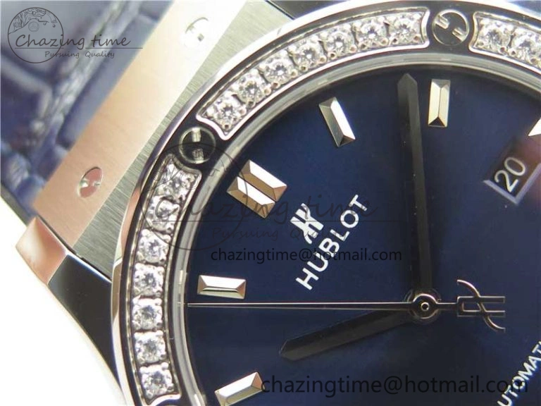 Fusion 42mm SS Paved Diamonds Bezel B50F Blue Dial On Gummy Strap A Durable 6787