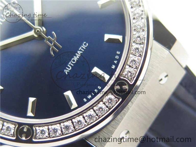 Fusion 42mm SS Paved Diamonds Bezel B50F Blue Dial On Gummy Strap A Durable 6787