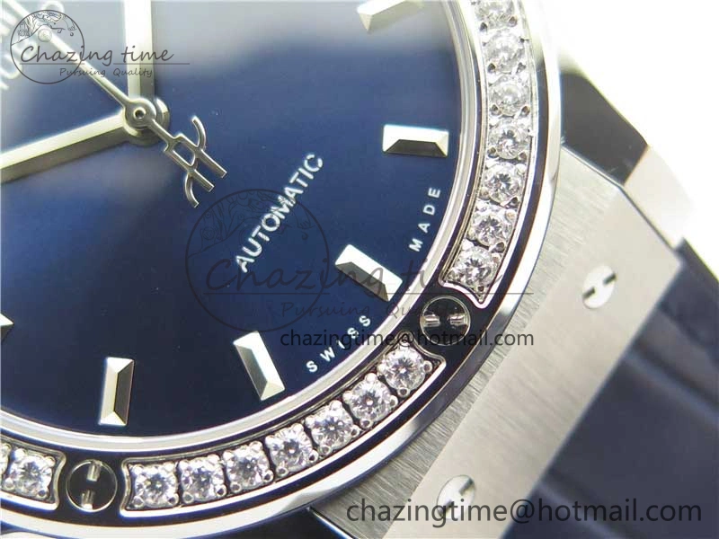 Fusion 42mm SS Paved Diamonds Bezel B50F Blue Dial On Gummy Strap A Durable 6787