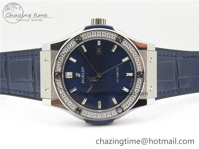 Fusion 42mm SS Paved Diamonds Bezel B50F Blue Dial On Gummy Strap A Durable 6787